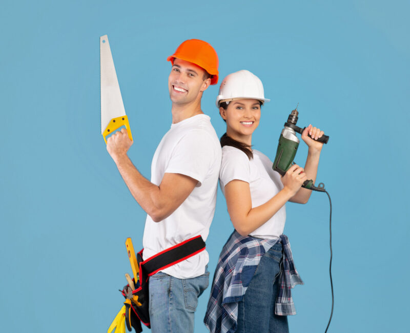 Repair,Team.,Happy,Couple,In,Hard,Hats,Posing,With,Hand